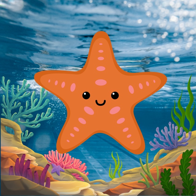 llustration eines Seesterns unter Wasser vor Korallen und Wasserpflanzen.