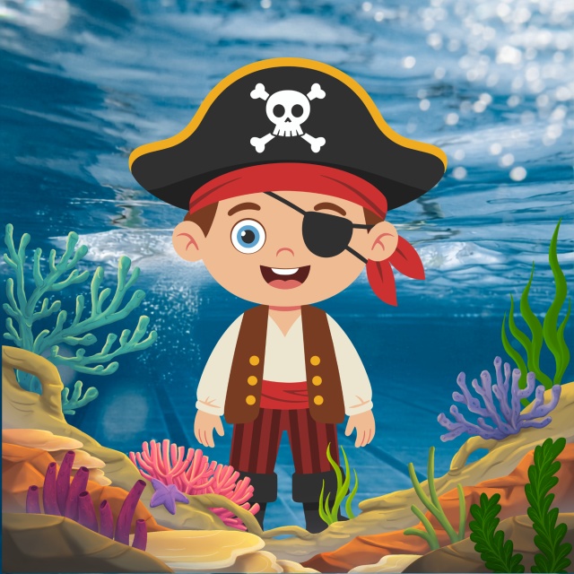 llustration eines Piraten unter Wasser vor Korallen und Wasserpflanzen.