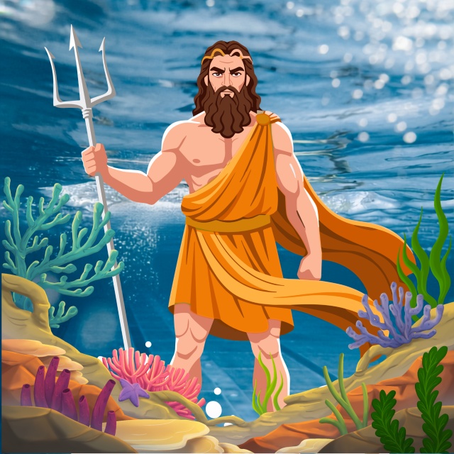 llustration eines Mannes mit Dreizack unter Wasser vor Korallen und Wasserpflanzen.