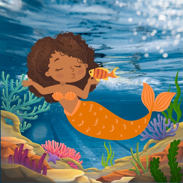 llustration einer Meerjungfrau unter Wasser mit einem Fisch vor Korallen und Wasserpflanzen.