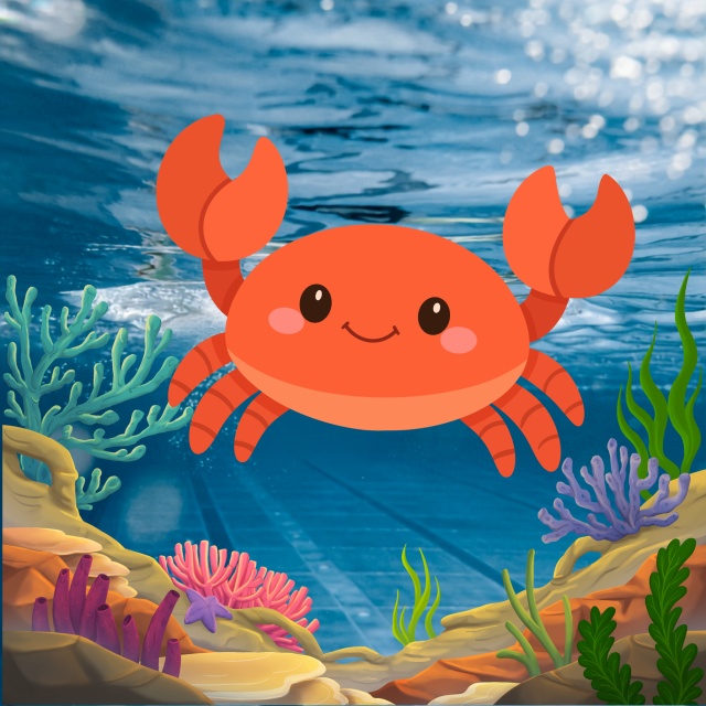 llustration einer Krabbe unter Wasser vor Korallen und Wasserpflanzen.