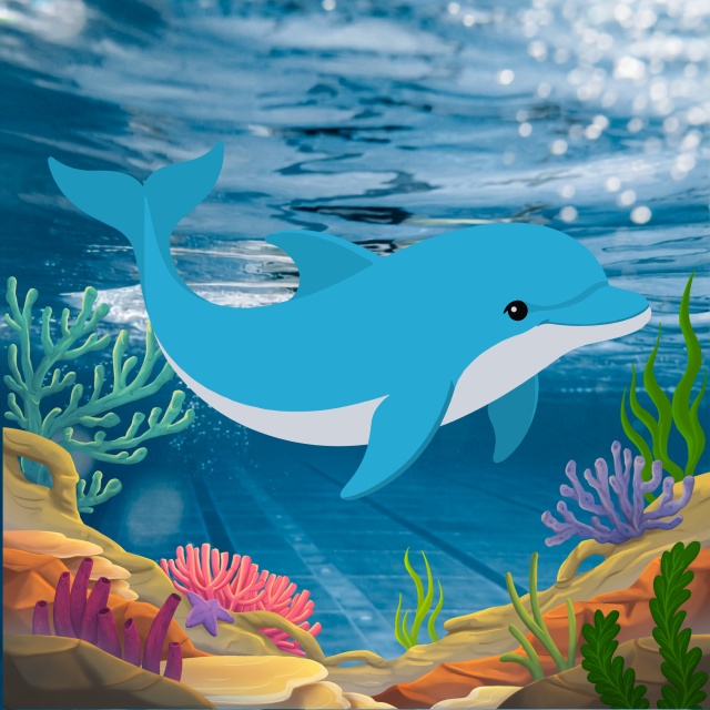 llustration eines Delphins unter Wasser vor Korallen und Wasserpflanzen.
